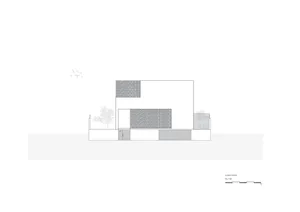 Elevation drawing of a building with concrete walls and metal mesh panels.