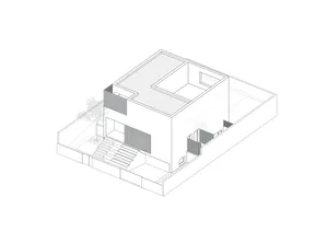 Floor plan of a modern residential house with brick walls, featuring a living room, kitchen, and bedrooms.