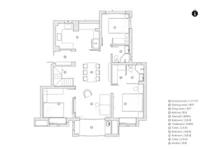 Floor plan of a modern house showing various rooms and layout.