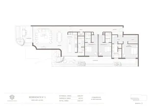 Floor plan of a modern residential building with concrete exterior and interior elements.