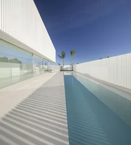 Modern white-rendered exterior of a private residence with a long pool and palm trees in the background.