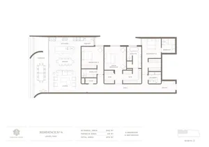 Architectural floor plan of a residential apartment with three bedrooms and three bathrooms, featuring an open-plan living an