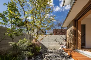 A modern landscape featuring a wooden deck, stone pathway, and lush vegetation under a clear blue sky.