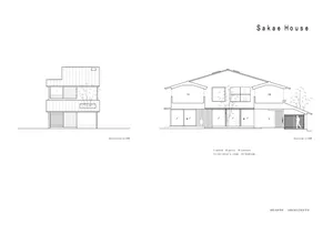 A technical rendering of the Sakae House showing the floor plan with wooden materials used.