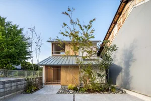 A modern residential exterior with a metal roof and wooden structure, featuring a minimalist design and a small garden with t