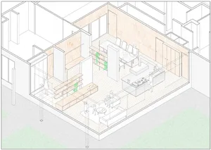 Cross-section diagram of an industrial-style residential kitchen, featuring wooden elements.