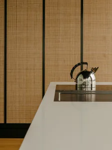 Minimalist kitchen counter featuring a shiny metallic kettle.