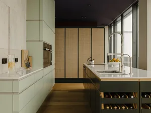 Modern kitchen with green wood cabinets and a white countertop.