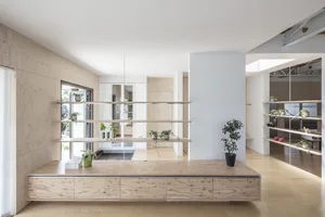 Modern minimalist living room with wooden shelving and plants.