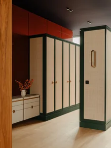 Modern interior design featuring clothing storage with bamboo fiber-board material