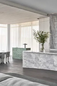 Modern minimalist interior design featuring marble elements