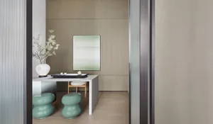 Modern minimalist interior design featuring metallic finishes.