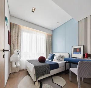 A modern industrial bedroom featuring white plastic furniture, blue accent wall, and white windows with sheer curtains.