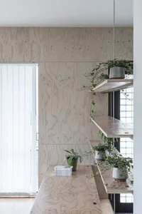 A minimalist home office with wooden paneling and indoor plants.
