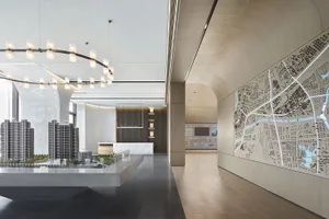 Modern showroom featuring wood, glass, and concrete materials