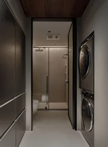 A minimalist laundry room with metallic finishes and a sleek, efficient design.