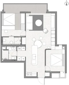 A detailed 2D technical drawing of a modern apartment layout with bedrooms, living space, and kitchen.