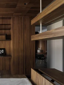 Modern minimalist bedroom with wood accents