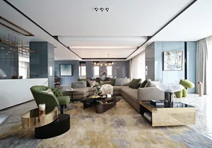 A modern living room featuring marble flooring, glass coffee tables, and a leather sofa.
