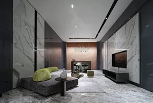 Modern living room featuring marble walls and floor