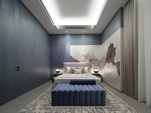 A modern minimalist bedroom with a textured wallpaper design, clean lines, and a muted color palette.