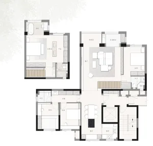 Floor plan of a modern residential home showing various rooms and layout.