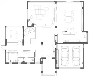 A detailed 2D architectural drawing of a modern home's floor plan showing rooms, features, and layout.