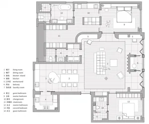 A modern bathroom floor plan with a mix of wood, tile, and metal materials.