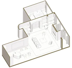 A modern interior floor plan showing the layout of a residential space with a living area, bedroom, and kitchen.