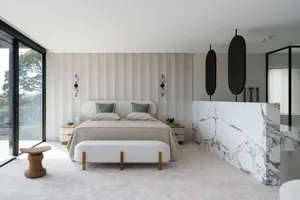 Modern bedroom featuring metallic texture and minimalist design
