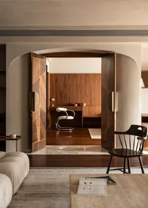 A modern home office with wooden elements