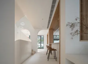 A modern kitchen bar area featuring white cabinets and a sleek design.
