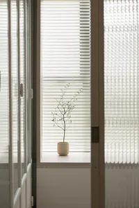 A minimalist interior with white blinds and a small potted plant on the windowsill.
