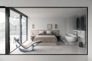 A modern bedroom with a marble floor, a chaise lounge, and a large window overlooking the outdoors.