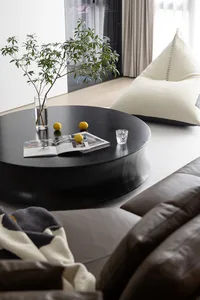 A modern living room featuring a black coffee table with a plant, lemons, a glass of water, and a book on top, with a white b