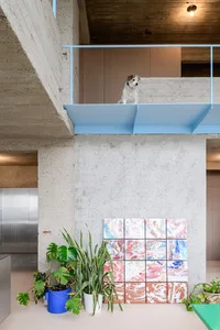 A modern outdoor space featuring a concrete floor, plants, and tiled walls with a small dog sitting on a balcony.