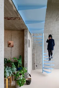 A modern industrial interior featuring concrete walls, a spiral staircase, and various green plants.