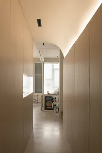 A minimalist interior with wooden walls, a hallway, and a glimpse of a living space with a sofa and a poster.