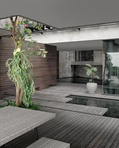 An industrial-style house exterior with a wooden deck, glass walls, and a small swimming pool.