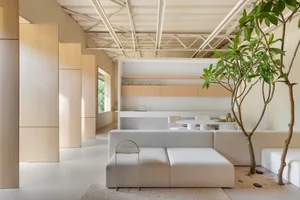 Minimalist living and dining room with neutral-toned furniture, white walls, and a small potted tree.