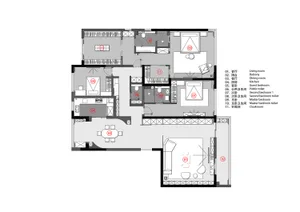 現代公寓平面圖，展示客廳、餐廳、廚房與臥室，並附有陽台及衣帽間。