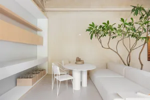 Contemporary living room featuring white marble table, white chairs, white sofa, wooden shelves, and a green potted plant.
