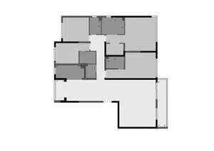 Minimalist apartment floor plan with neutral color scheme featuring three bedrooms, two bathrooms, and an open living space.