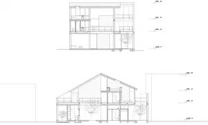 Drawing of a two-story residential interior with paneled walls.