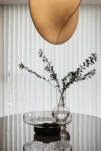 A modern living room featuring white curtains and a glass table with a vase of plants.
