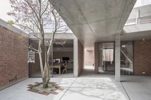 Light-filled modern minimalist residential interior with brick walls, concrete ceiling, glass walls, and a tree in the center