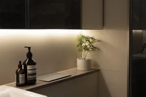 A modern bathroom with a concrete countertop weighing scale, plant, and Aesop skincare products.