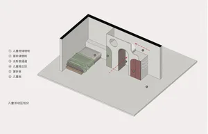 Isometric view of a house floor plan featuring beds and storage areas.