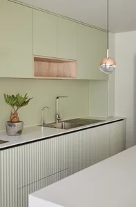A modern kitchen with green cabinets, a sink, and a plant.
