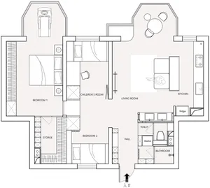 Modern interior design floor plan with white walls and light-colored furniture